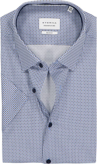 ETERNA slim fit overhemd korte mouw - twill - wit met licht- en donkerblauw dessin - Strijkvrij - Boordmaat: 40 (EU maat: M)