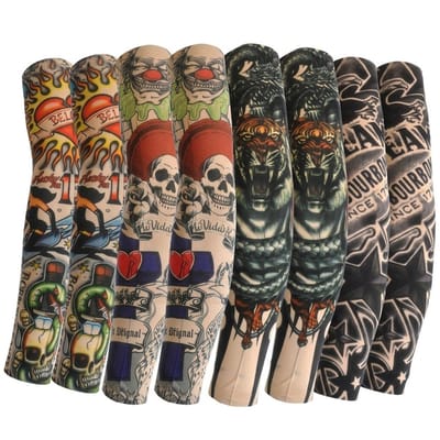 Multicolor tattoo mouwen armmouwen set voor heren en dames – 8 stuks elastische tattoo sleeves met realistische tattoo print, tijger, schedel, old school tattoo en tekst patronen – naadloze arm sleeves