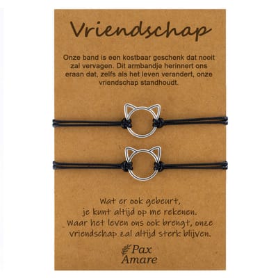 Vriendschapsarmbandjes voor 2 "Vriendschap" - Schattig Katje - BFF Armbandjes met Cadeau Kaartje - Zwart & Zilverkleurig - Kat / Poesje Armband - Pax Amare