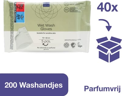 Abena Vochtige Washandjes Wegwerp - Parfumvrij - 200 Washandjes - Voordeelverpakking 40 x 5 washandjes - Wassen en opfrissen zonder water en zeep - Droogt Snel, geen Handdoek Nodig - Opwarmbaar in de Magnetron - Perfect voor Thuis en Onderweg