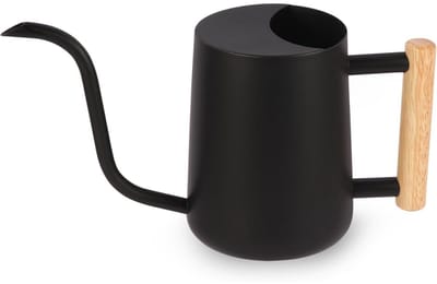GELLDG Gieter - 1 liter - Kleine metalen gieter - Ontwerp met lange tuit - Houten handvat - Moderne decoratieve gieter - Geschikt voor kamerplanten, bonsai en tuinbloemen - Zwart