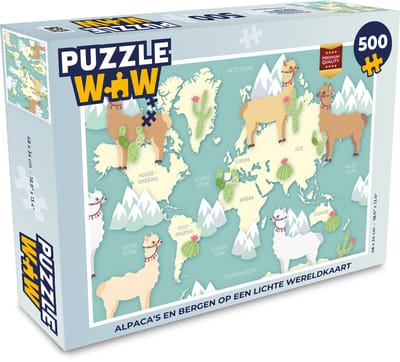 Puzzel Wereldkaart - Alpaca - Bergen - Legpuzzel - Puzzel 500 stukjes