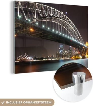 MuchoWow® Glasschilderij 120x90 cm - Schilderij acrylglas - Brug - Nacht - Skyline - Foto op glas - Schilderijen