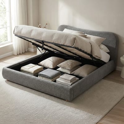 CLP Gestoffeerd bed Maido met opbergruimte - bedframe voor matrassen - lattenbodem - liftmechanisme - tweepersoonsbed met teddystof - donkergrijs
