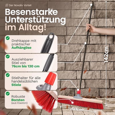 Straatbezem 60 cm I Bezem met uitschuifbare steel I Elaston rood I Grof I Industriële bezem, veegbezem, tuinbezem, erfbezem