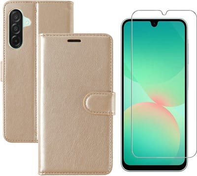 Hoesje geschikt voor Samsung Galaxy A26 bookcase Goud - Met screenprotector tempered glass Galaxy A26