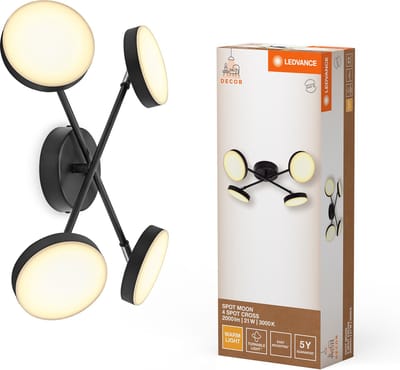 LEDVANCE Decor Spot Moon lamp zwart, 4 verstelbare lampkoppen gekruist, 21 W, 1120 lm, 3000 K, metalen behuizing, minimalistisch design, eenvoudige installatie, LED niet vervangbaar