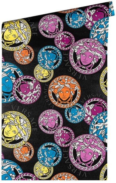"MEDUSA HOOFD" SATIJN GLANZEND BEHANG | Design - bont zwart oranje lila blauw - A.S. Création Versace 5