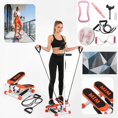 Huistrainer Stepper Oranje – Met Weerstandsbanden, Verstelbare Handgreep, LCD Display – Max. 200 kg, Incl. Massage Accessoires (Twist Schijf, Yoga Ring, etc.) – Stil & Ruimtebesparend – Geschikt voor Thuis, Kantoor of Appartement