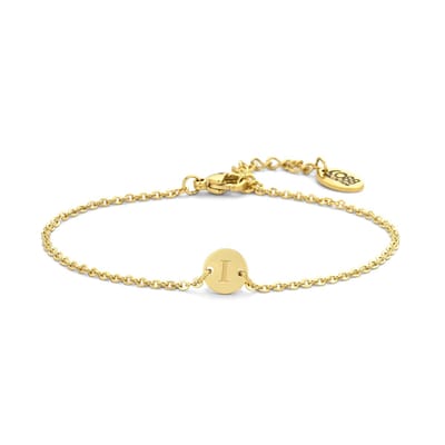 Cadeau voor haar CO88 Collection Alphabet 8CB-90623 Stalen schakel armband - 1,5 mm - bedel rond met letter I- 7mm - 19,5 cm - goudkleurig