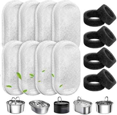 8+8 Kattenfontein Filters Set - Koolstoffilters & Sponsfilters voor (RVS) Drinkfontein - Universele Vervangingsfilters Katten & Honden - Ionenwisselaar Hars - Wit - 16 Stuks