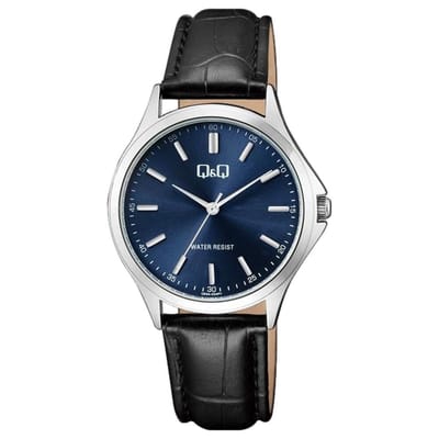 Q&Q Q93A-004PY - Horloge - Analoog - Unisex - Leren band - Rond - Metaal - Streepjes - Zwart - Zilverkleurig - Blauw - 3 ATM