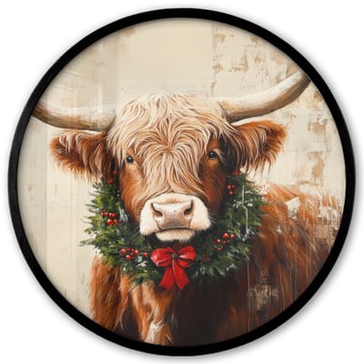 Poster in lijst Rond - Fotolijst 40x40 cm - Posters - Kerst - Schotse Hooglander - Bruin - Krans - Ronde posterlijst zwart - Decoratie - Wanddecoratie woonkamer - Muurdecoratie slaapkamer - Kerstversiering - Kerstdecoratie voor binnen - Kerstmis