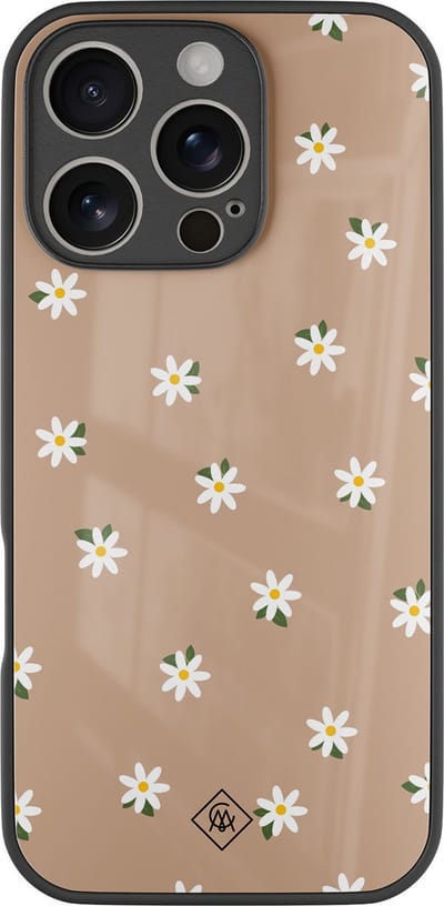 Casimoda® hoesje - Geschikt voor iPhone 16 Pro - Sweet Daisies - Luxe Hard Case Zwart - Backcover telefoonhoesje - Bruin/beige