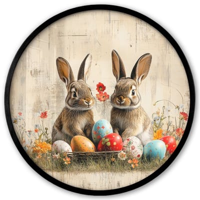 Poster in lijst Rond - Fotolijst 40x40 cm - Posters - Konijnen - Bloemen - Eieren - Ronde posterlijst zwart - Decoratie - Wanddecoratie woonkamer - Muurdecoratie slaapkamer