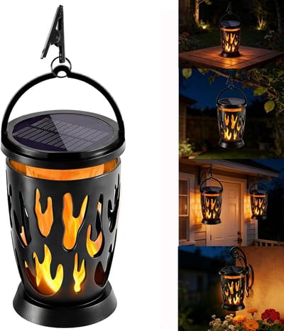 Zonne-energie Lantaarn - Zwart - 11 x 11 x 21,3 cm - Waterdichte Lamp met Realistische Vlameffecten - Voor Buiten en Binnen