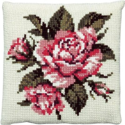 Pako borduurpakket kruissteekkussen - roze rode roos - geprint stramien - 003.120 - DIY kit