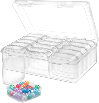 16 Kleine Plastic Opbergdozen, 15 Mini Transparante Dozen (5.5 x 5.5 x 2 cm), 1 Grote Opbergcontainer met Scharnierdeksel, Perfect voor Sieraden, Knutselspullen en Hobbyprojecten