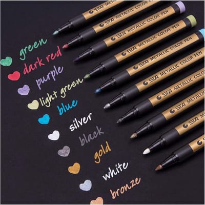 GELLDG Metallic Markers - 10 Kleuren - 2mm - Metallic Marker Set - Geschikt voor fotoalbums, DIY plakboeken, tekenen - Gouden glitterpen - Kan gebruikt worden geschikt voor gastenboeken, bruiloften, zwart papier, steen, glas, hout, Paasknutsels