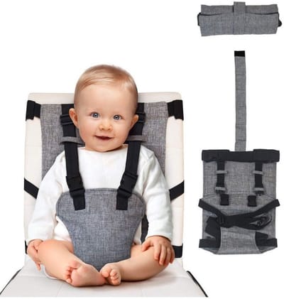 Draagbare Reiskinderstoel – Compact Opvouwbaar – Veiligheidstuigje – Machinewasbaar – Geschikt Voor Stoelen 35 Tot 53 Cm – Geschikt voor baby's van 6 maanden tot 3 jaar – Grijs
