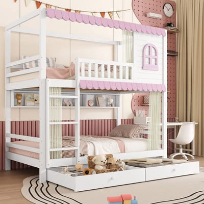 Sweiko Stapelbed - 90x200cm - Met gordijnen - Opbergplank - 2 lades - Grenenhout + MDF - Wit + Roze