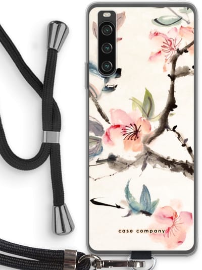 Case Company® - Hoesje met koord geschikt voor Sony Xperia 10 IV hoesje met Koord - Japanse bloemen - Telefoonhoesje met Zwart Koord - Bescherming aan alle Kanten en Over de Schermrand
