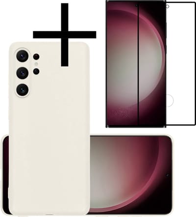 Hoesje - Met Screenprotector - Geschikt voor Samsung Galaxy S23 Ultra - Sterk & Shockproof - Back Cover - Siliconen Case - Telefoon Hoes - Wit
