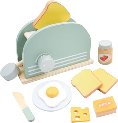 9-delige Houten Speelgoed Toaster Set voor Kinderen, Rollenspel Keuken Speelgoed, Eten en Keukenaccessoires voor Peuters van 3 Jaar en Oudere Kinderen