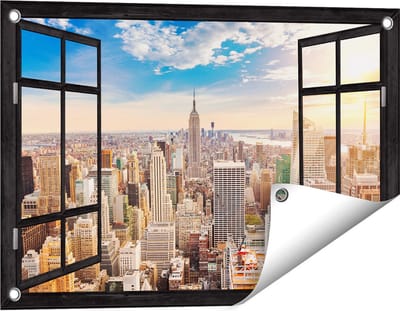 Gards Tuinposter Doorkijk New York Manhattan tijdens Zonsondergang - 60x40 cm - Tuindoek - Tuindecoratie - Wanddecoratie buiten - Tuinschilderij