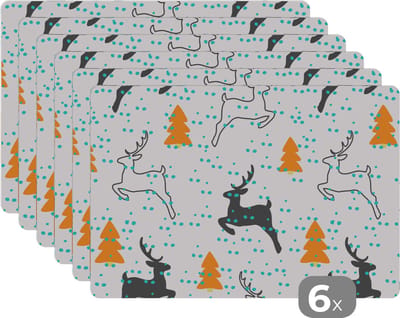 Placemat - Placemats kunststof - Hert - Patroon - Boom - 45x30 cm - 6 stuks - Hittebestendig - Anti-Slip - Onderlegger - Afneembaar