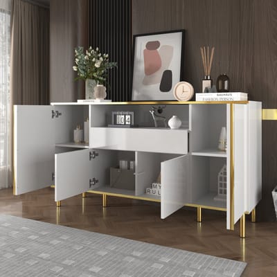 FloraGrace Dressoir - Hoogglans Met Ledverlichting En Gouden Accenten - 4 Deuren En 1 Lade Voor Woonkamer Slaapkamer - MDF Wit - 150x40x80 Cm