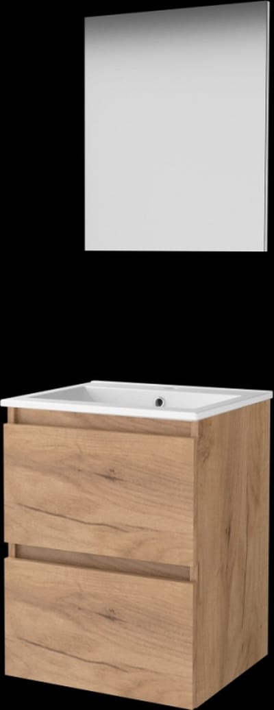 Basic-Line Basic 46 Badkamermeubelset - 50 x 46 cm - Greeploos - 2 Lades - Keramische Wastafel - 1 Kraangat - Spiegel - Whisky Oak