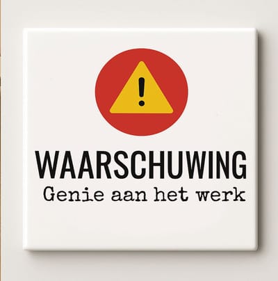 Waarschuwing Genie aan het Werk Decoratieve Tegel 15x15 cm – Grappige Tekst – Kantoor- & Werkplaats Wanddecoratie