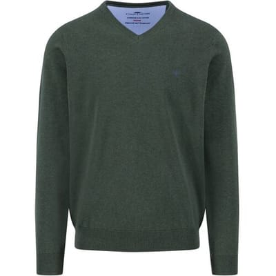 Fynch-Hatton Trui Uni Color Superfine Cotton V-Neck Dark Ivy / male