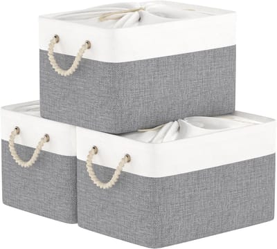 Famanu – Opbergmand Stof - Opvouwbare Opbergmanden met Koorddeksel en 2 Handvatten - voor Kast en Plank - 33x23x20cm - Wit/Grijs