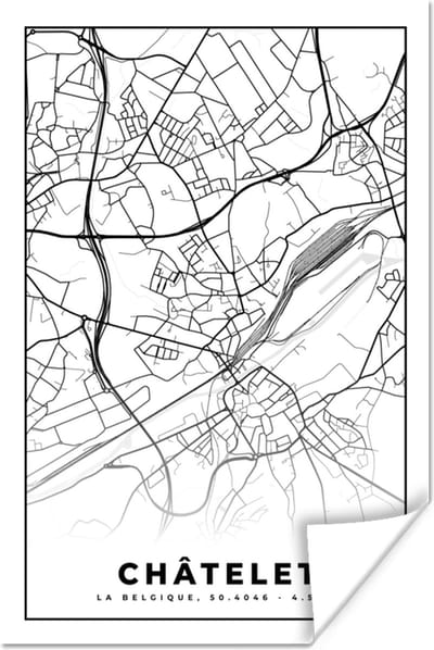 Poster Zwart Wit – België – Plattegrond – Stadskaart – Kaart – Châtelet - 120x180 cm XXL