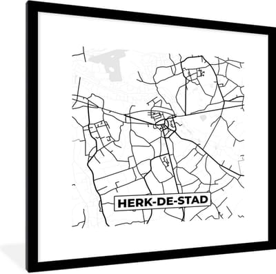Fotolijst incl. Poster Zwart Wit- Zwart Wit – België – Plattegrond – Stadskaart – Kaart – Herk de Stad - 40x40 cm - Posterlijst
