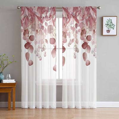 Aquarel Plant Eucalyptus Bladeren Raam Tule Gordijnen voor Woonkamer Slaapkamer Hotel Luxe Decoratie Transparante Gordijnen 135W x 114H(cm) white