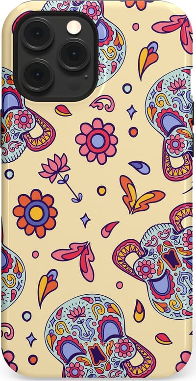 Casetastic hoesje geschikt voor Apple iPhone 12 Pro Max - MagSafe - Dubbellaagse bescherming - Dia de los Muertos Doodshoofd Bloemen - Fashion Case - Crème Lila Zilver