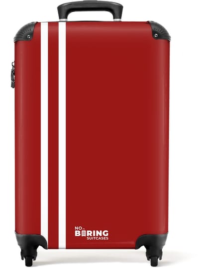 NoBoringSuitcases.com® - Handbagage koffer lichtgewicht - Reiskoffer trolley - Rood met dubbele witte strepen - Reis rolkoffer met wieltjes - Cabin koffertje klein - Carryon valies - Harde bagagekoffer - Past binnen 55x40x20 en 55x35x25