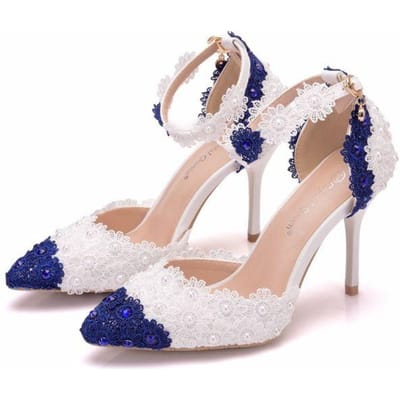 Sandales d'été pour mariage, à talons hauts, pour femmes, couleur blanche et bleue, demoiselle d'honneur, cristal, diamant, bride de cheville, bout pointu 39 beige