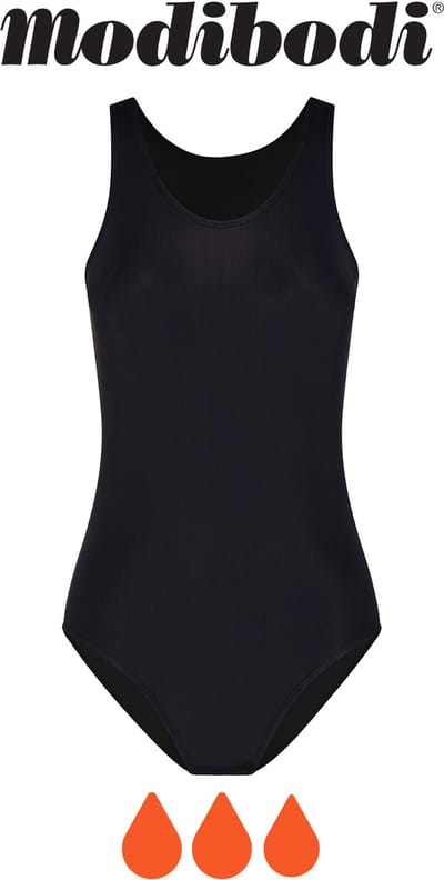 Modibodi Menstruatie Zwemkleding Tiener Super Absorberend Racerback Badpak Zwart Y08-10