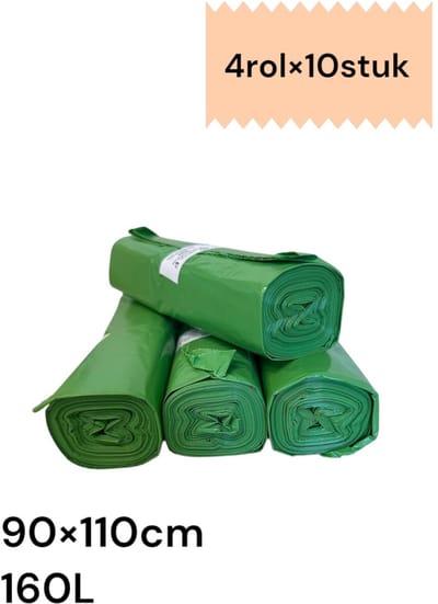 Afvalzakken – 100% groen recycle vuilniszakken / lekbestendig / 4 rollen x 10 stuks ( 40 stuks ) / 160 liter / 90*110 cm.