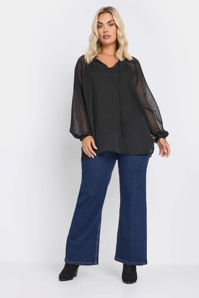 Yours Blouse Met Dobbytextuur En Strikdetail In Zwart Size 54-56