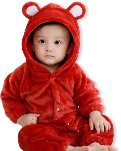 BoefieBoef Rood Baby Berenpak 0-12 maanden – Zacht Flanel Winterpak - Warme Winter Onesie - Baby Romper met Beren Capuchon - Baby Jumpsuit voor Kinderen - Boxpakje - Pyjama voor Jongens en Meisjes – Kerst cadeau of Kraamcadeau - 1 jaar S