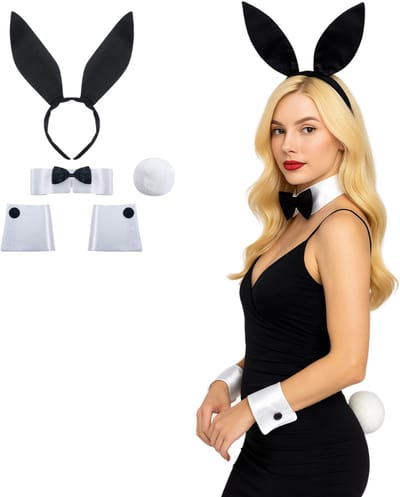 Joya Party® Bunny Play Accessoires Set | 5-delig Kostuum Setje | Sexy Bunny Oren | Kraag met Strik | Manchetten | Konijnenstaart | Halloween en Carnaval Outfit Dames | Verkleedset Volwassenen