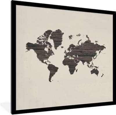 Poster in lijst - Fotolijst 40x40 cm - Posters - Wereldkaart - Bruin - Hout - Posterlijst zwart - Decoratie - Wanddecoratie woonkamer - Muurdecoratie slaapkamer