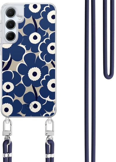 Hoesje met koord geschikt voor Samsung Galaxy A15 - Abstract bloom - Inclusief Donkerblauw koord - Crossbody beschermhoes - Transparant, Blauw - Mooie Telefoonhoesjes