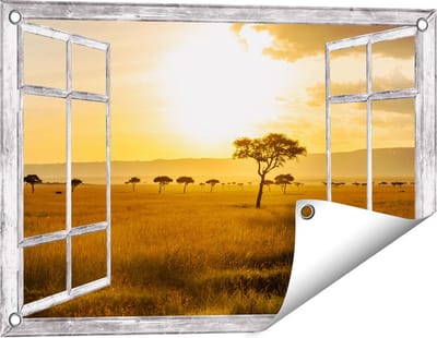 Gards Tuinposter Doorkijk Zonsondergang in de Savanne - 60x40 cm - Tuindoek - Tuindecoratie - Wanddecoratie buiten - Tuinschilderij