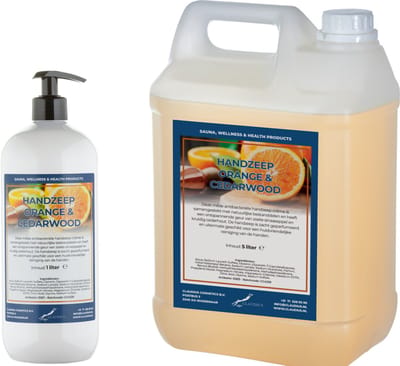Handzeep Sweet Orange & Cedarwood 1 liter met gratis pomp - hervulbaar + Jerrycan 5 liter navulling